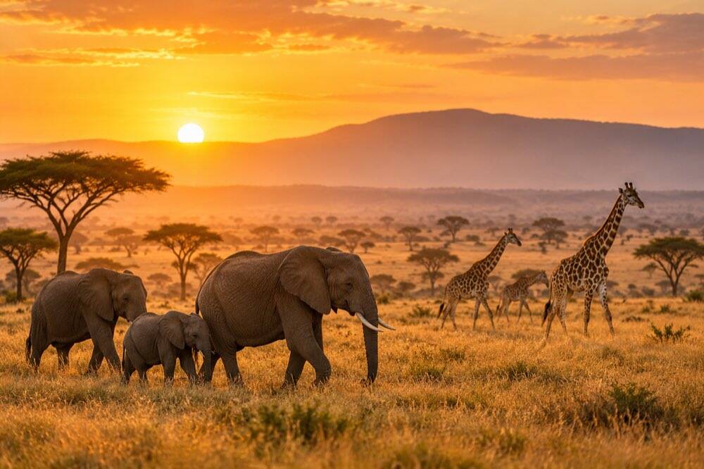African savannah wildlife at sunrise