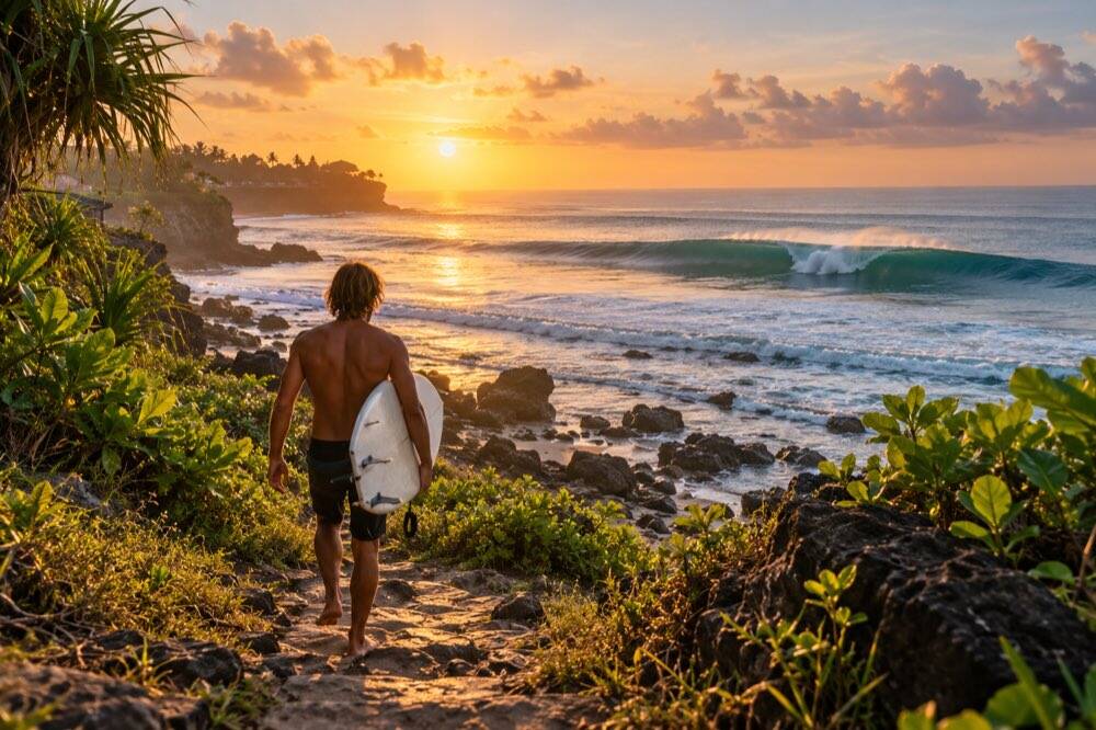 Surfer walking toward a Bali break at sunrise