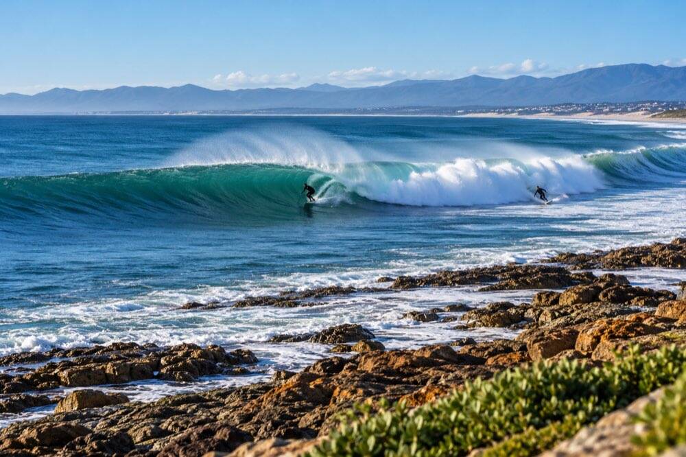 Surfers riding a long wave at Jeffreys Bay, South Africa