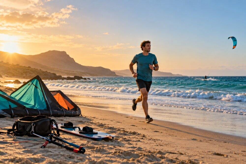 Runner training on a beach beside kitesurfing equipment