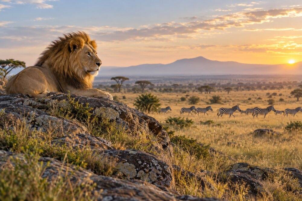 Lion overlooking zebras on the African savannah