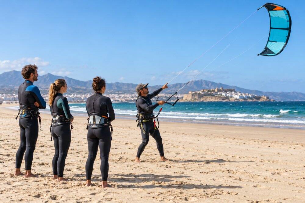 Beginner kitesurfing lesson on a beach in Tarifa