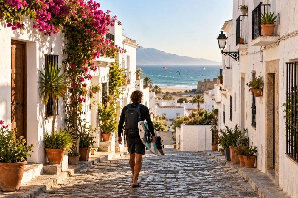 Kitesurfer walking through the old town of Tarifa